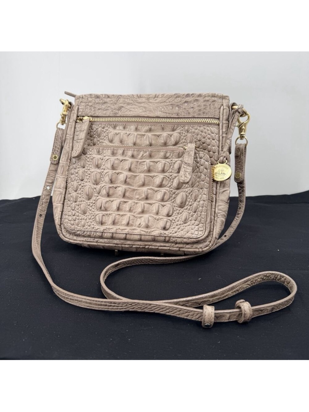 BRAHMIN Cleo Melbourne Croc Embossed Leather Crossbody Shoulder Bag Taupe